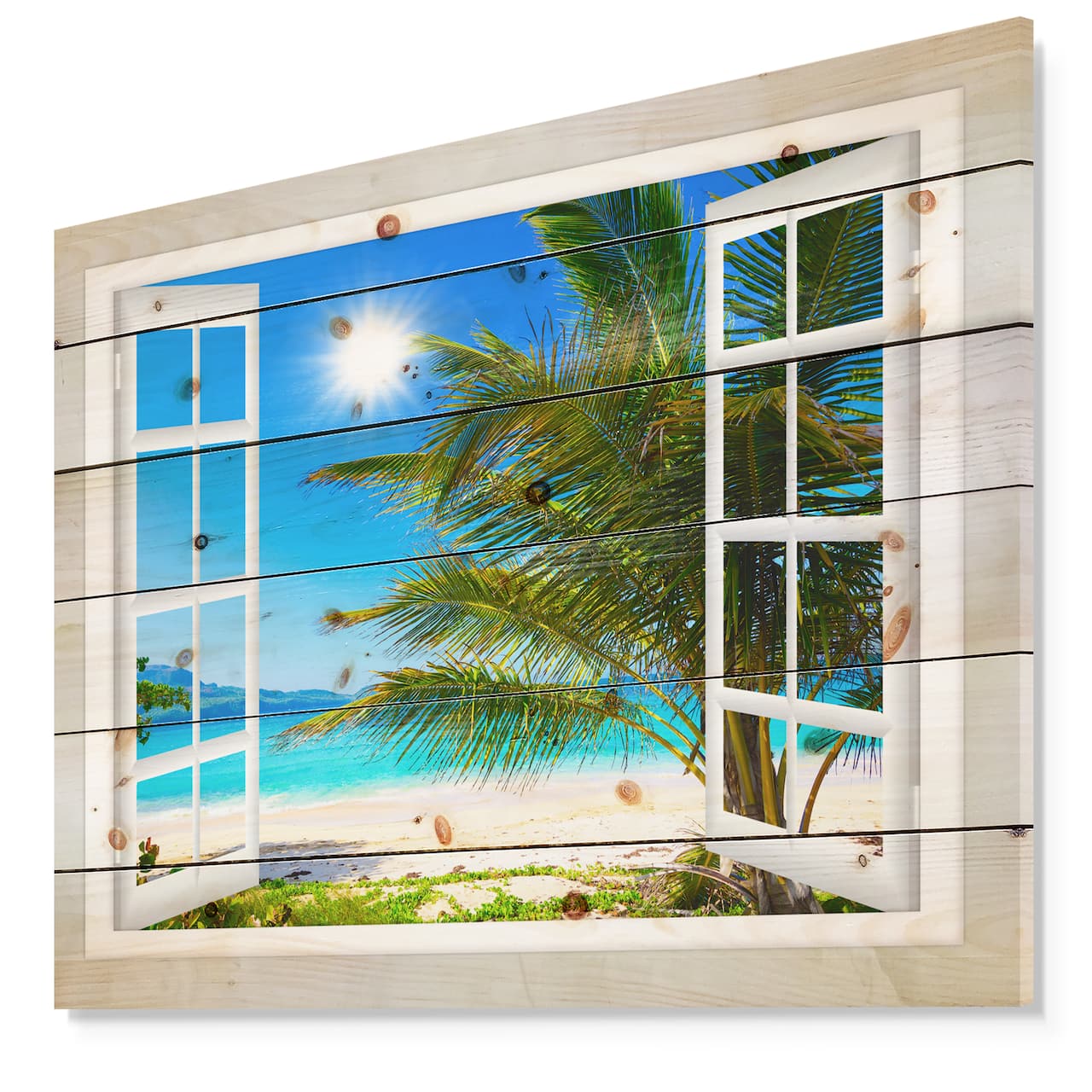 Designart - Window Open to Beach with Palm - Seashore Print on Natural Pine Wood